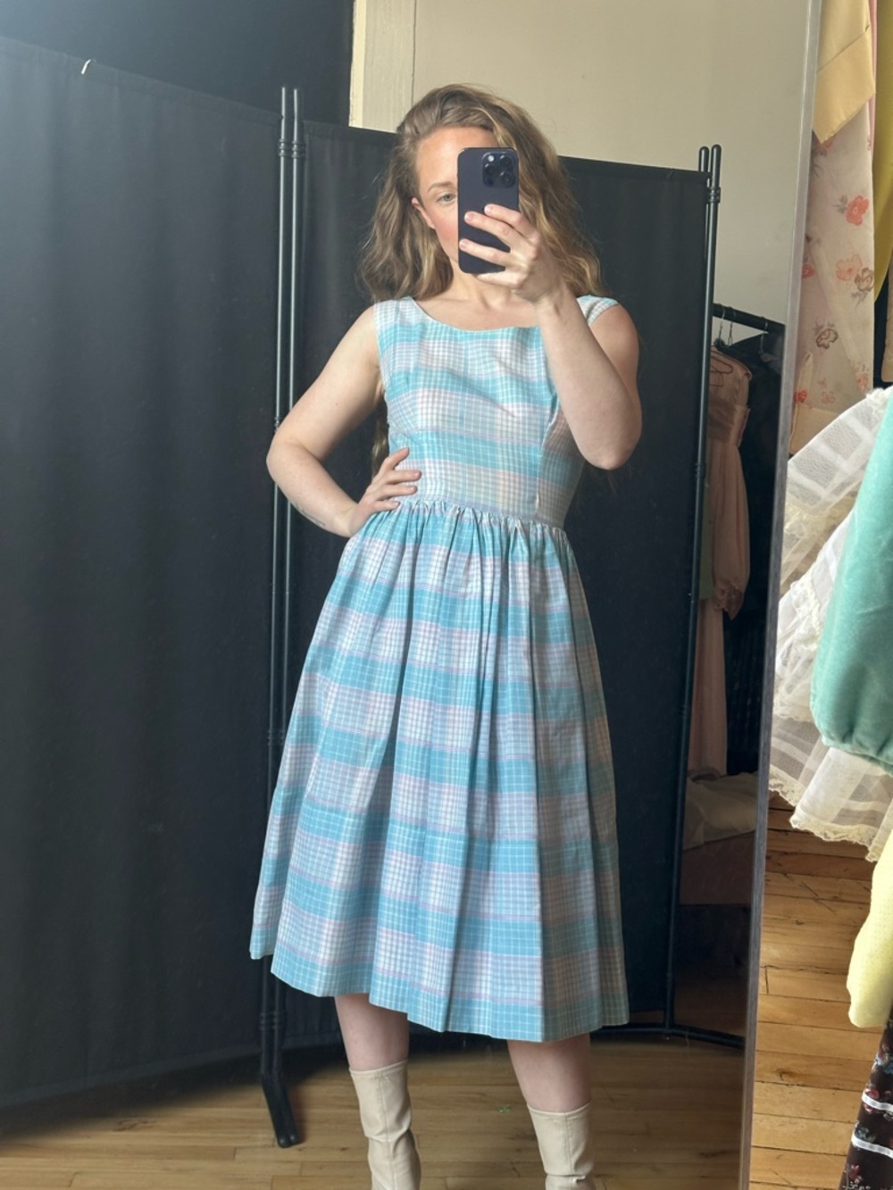 Vintage dress Light Blue and Pink Plaid